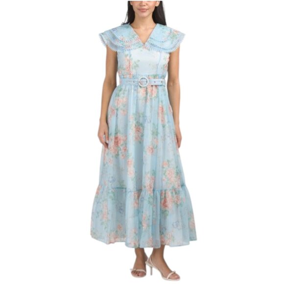 DALIA MACPHEE Oversized Collar Floral Maxi Dress With Belt